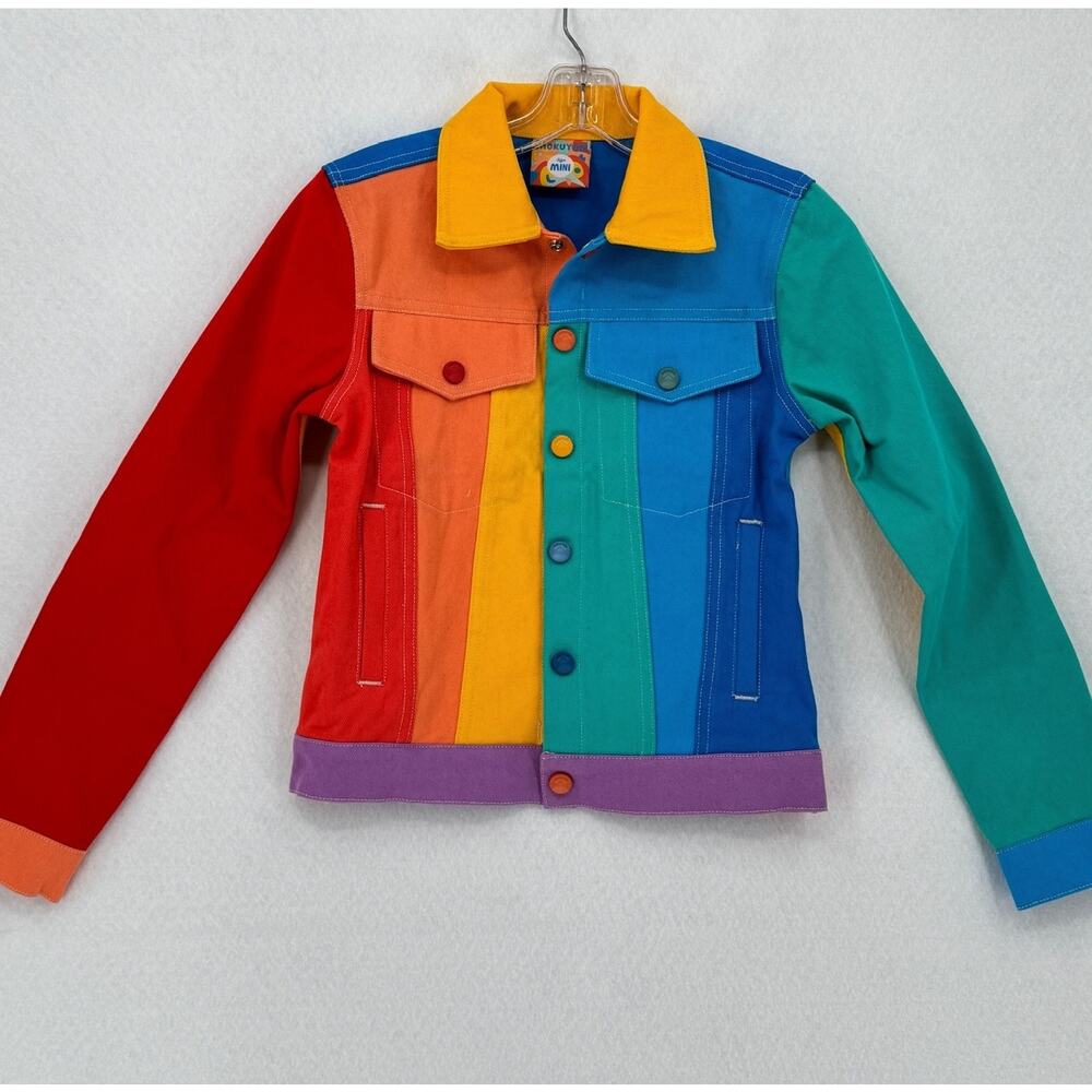 Mokuyobi Rainbow Colorblock Striped Denim Trucker Jacket Sz Mini